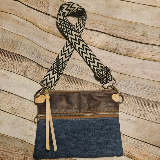 repurposed denim and brown leather crossbody, vegetable leather accents, antique hardware, handmade leather crossbody bag