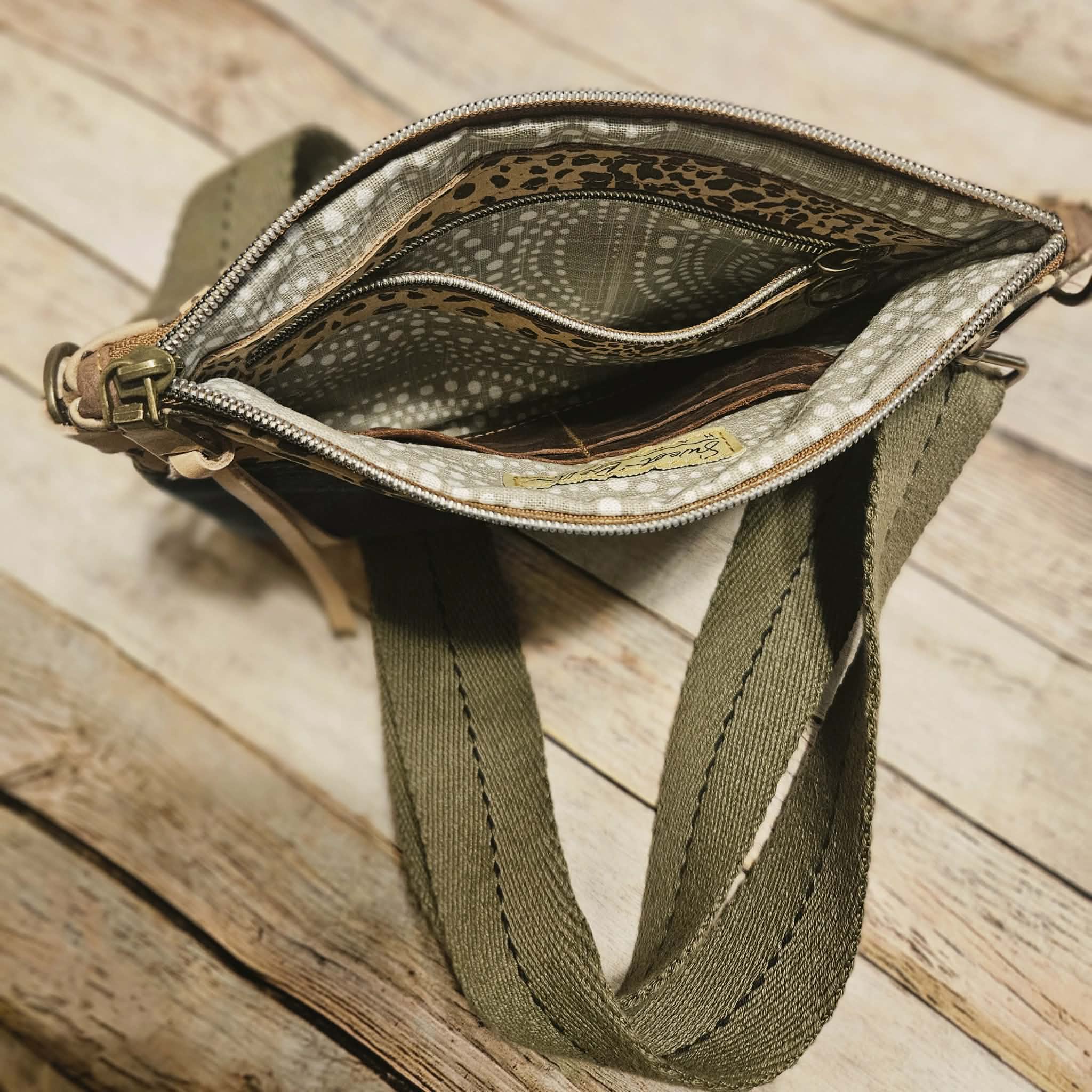 repurposed denim and cheetah print leather crossbody, vegetable leather accents, antique hardware, handmade leather crossbody bag