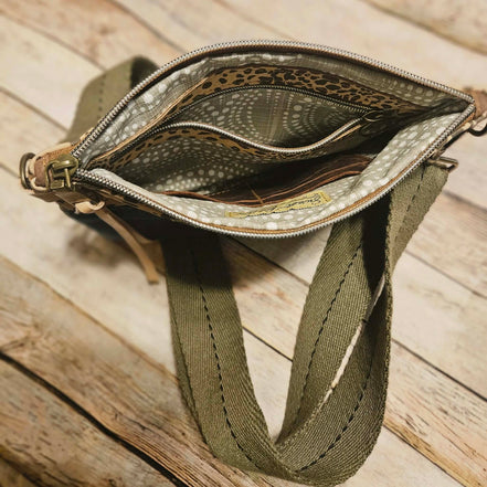 repurposed denim and cheetah print leather crossbody, vegetable leather accents, antique hardware, handmade leather crossbody bag
