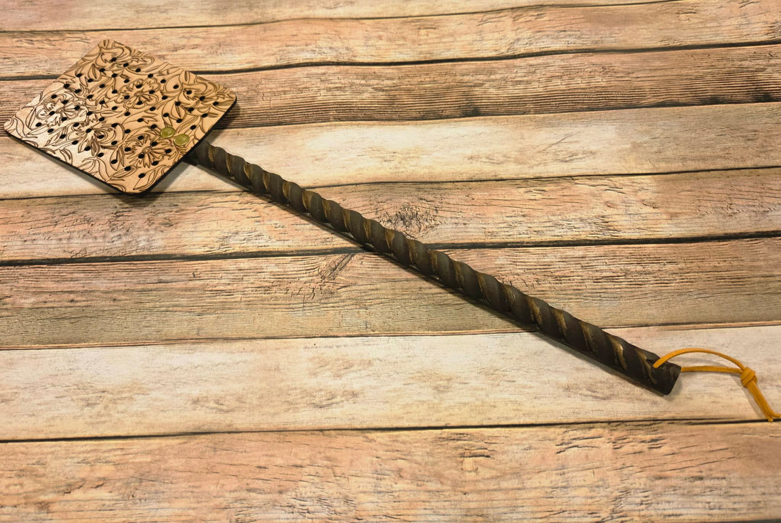 Handcrafted Leather Flyswatter with Foliage Burned Design and Wooden Handle