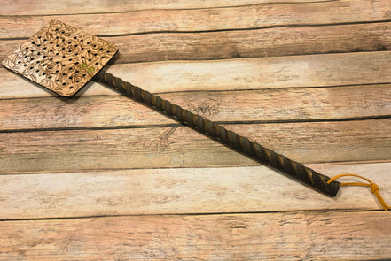 Handcrafted Leather Flyswatter with Foliage Burned Design and Wooden Handle