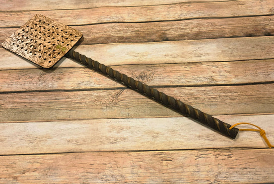 Handcrafted Leather Flyswatter with Foliage Burned Design and Wooden Handle