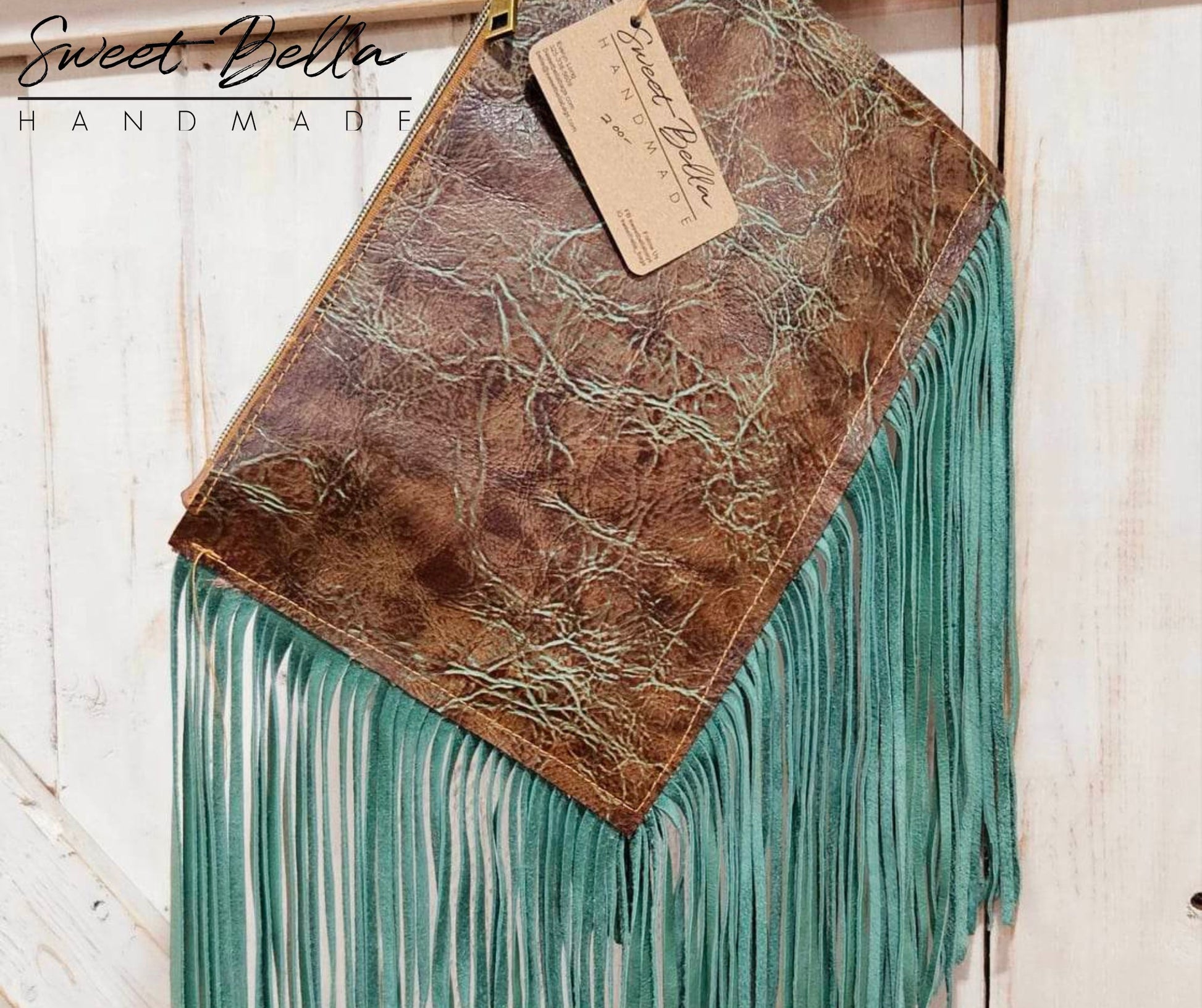 wristlet with leather fringe,  leather wristlet,  leather fringe wristlet,  fringe wristlet,  brown and turquoise leather wristlet