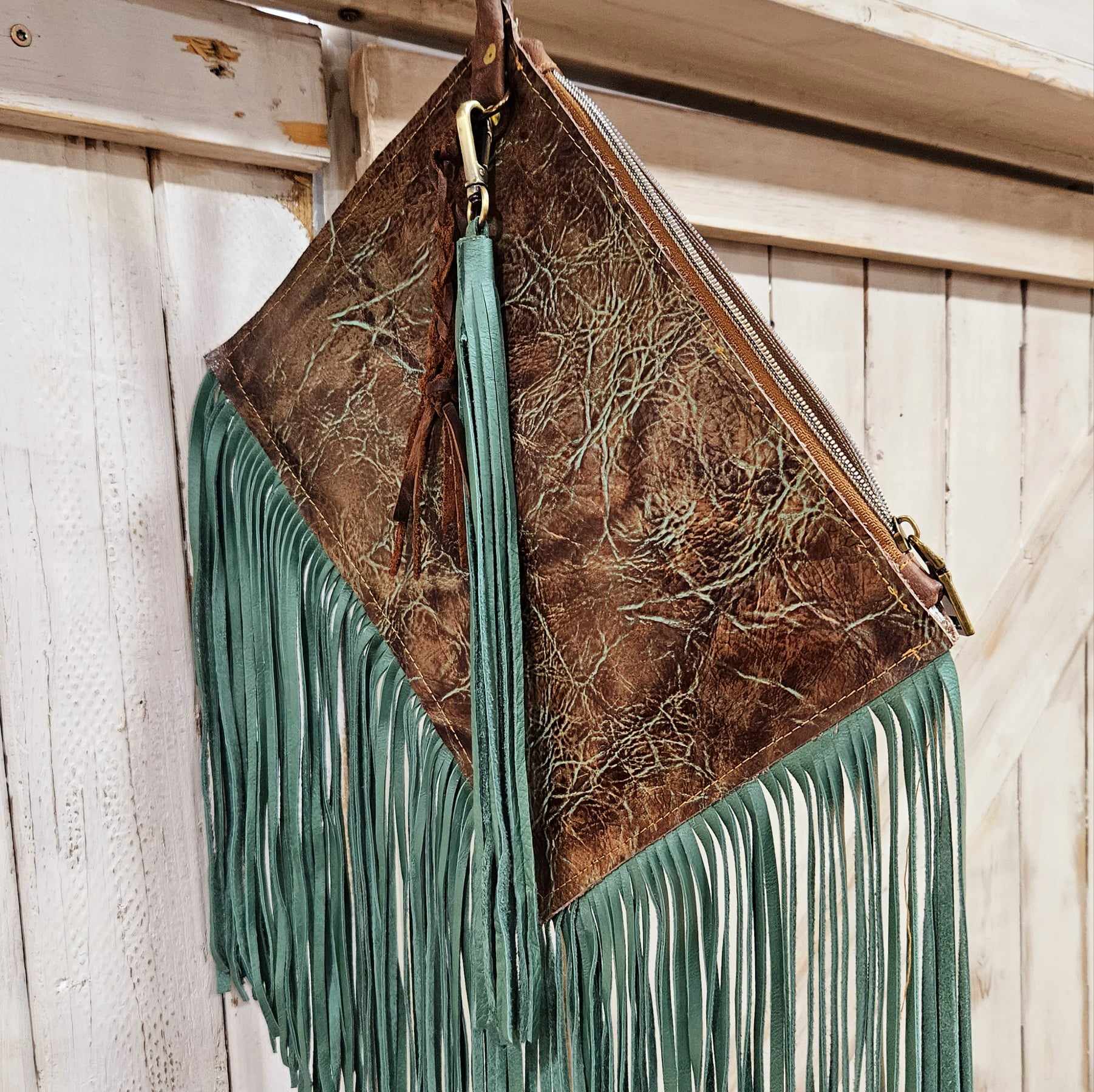Lillie Lou Turquoise & Brown Rustic Fringe Wristlet – Handcrafted in Texas
