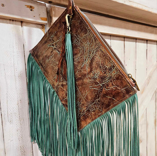 wristlet with leather fringe, leather wristlet, leather fringe wristlet, fringe wristlet, brown and turquoise leather wristlet