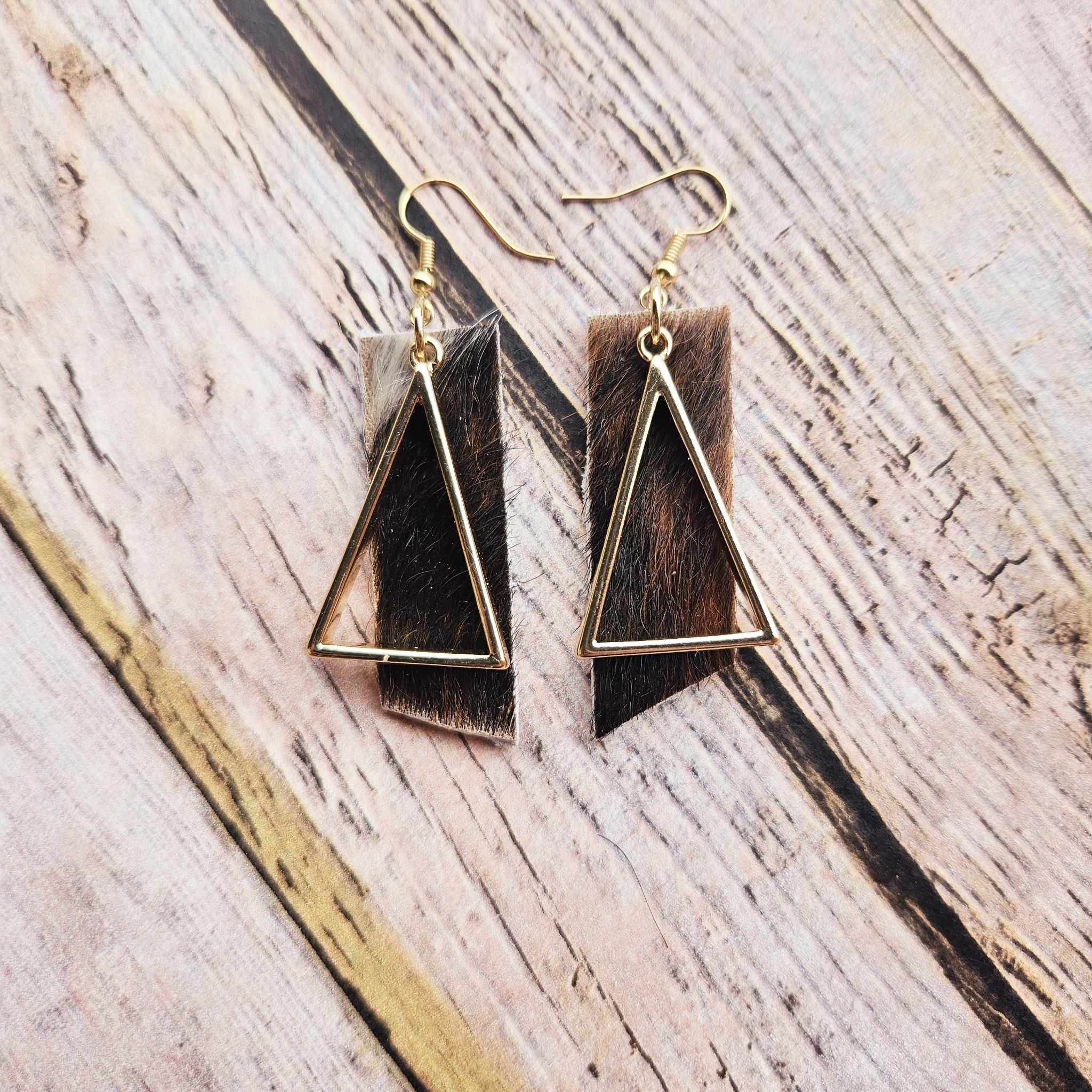 cow fur on leather earrings, gold triangle earrings, handmade jewelry 
