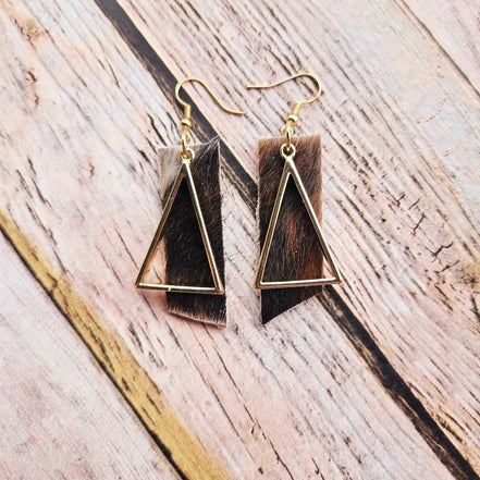 cow fur on leather earrings, gold triangle earrings, handmade jewelry 