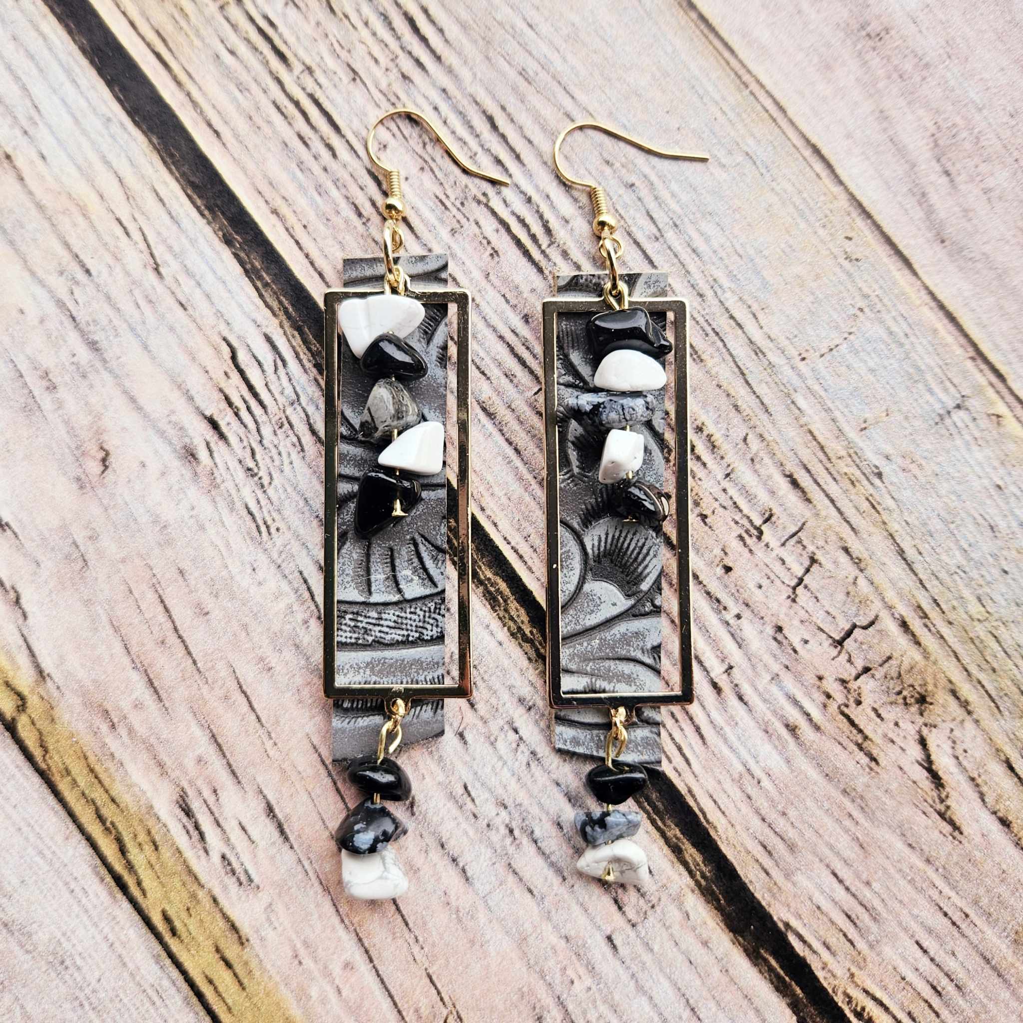 gold earrings, black and white rock beads, grey leather earrings, handmade jewelry 