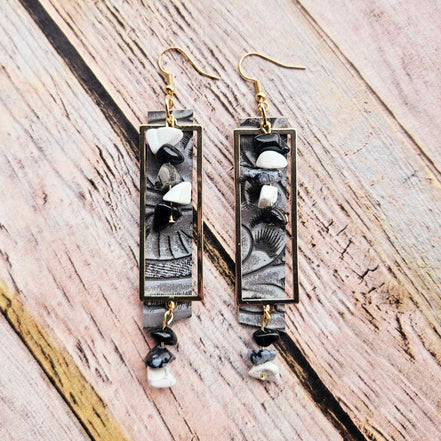gold earrings, black and white rock beads, grey leather earrings, handmade jewelry 