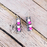 silver earrings, pink and white beaded earrings, pink rhinestone earrings, grey leather earrings, handmade jewelry 
