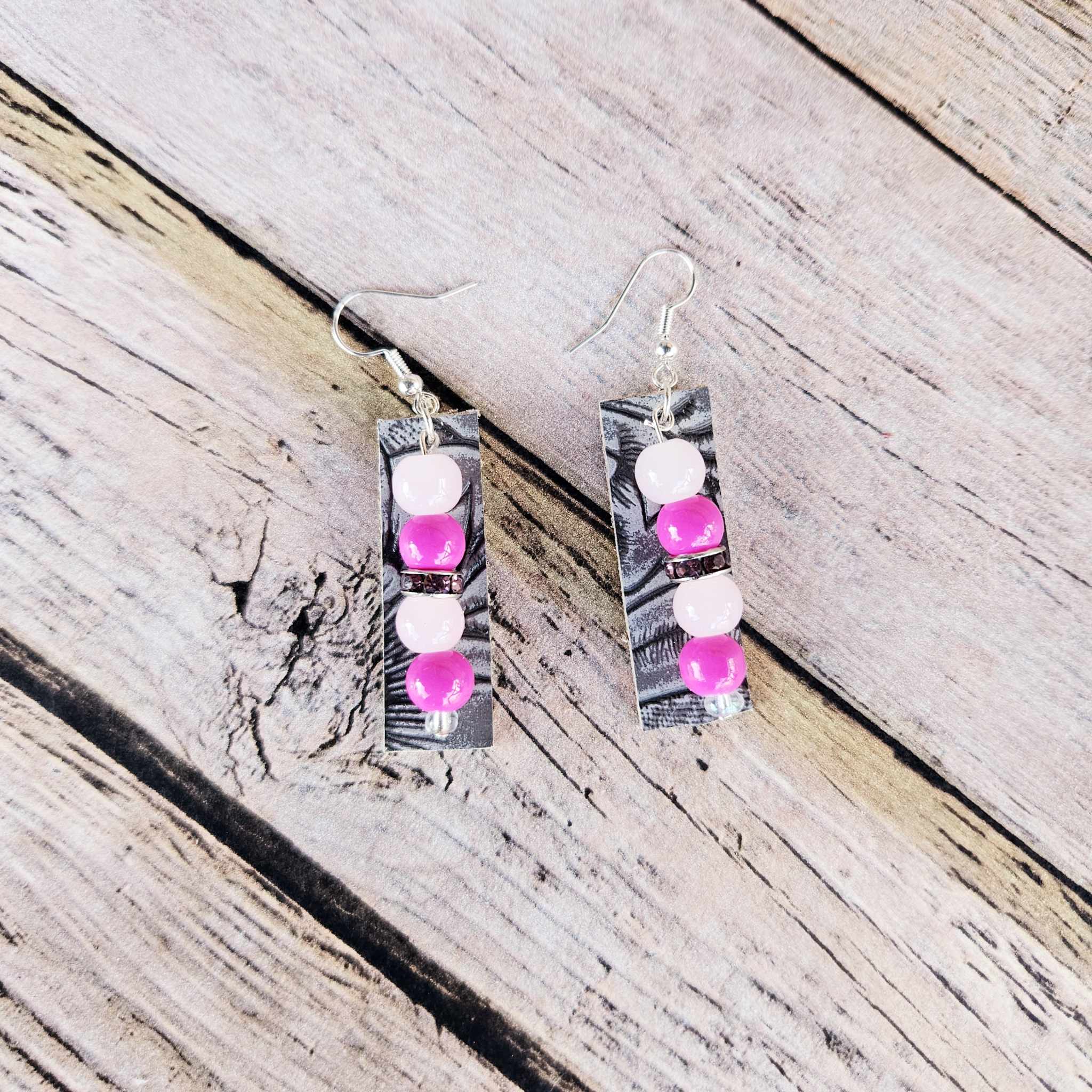 silver earrings, pink and white beaded earrings, pink rhinestone earrings, grey leather earrings, handmade jewelry 