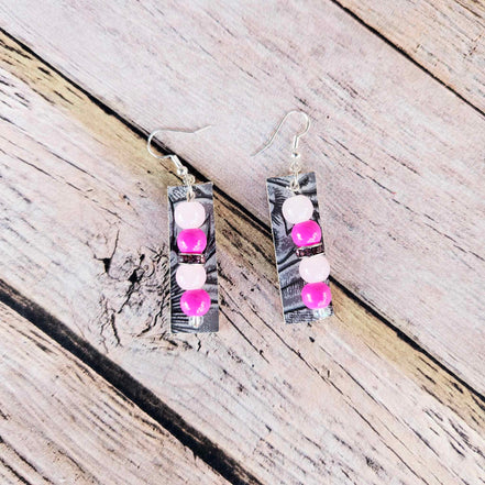 silver earrings, pink and white beaded earrings, pink rhinestone earrings, grey leather earrings, handmade jewelry 