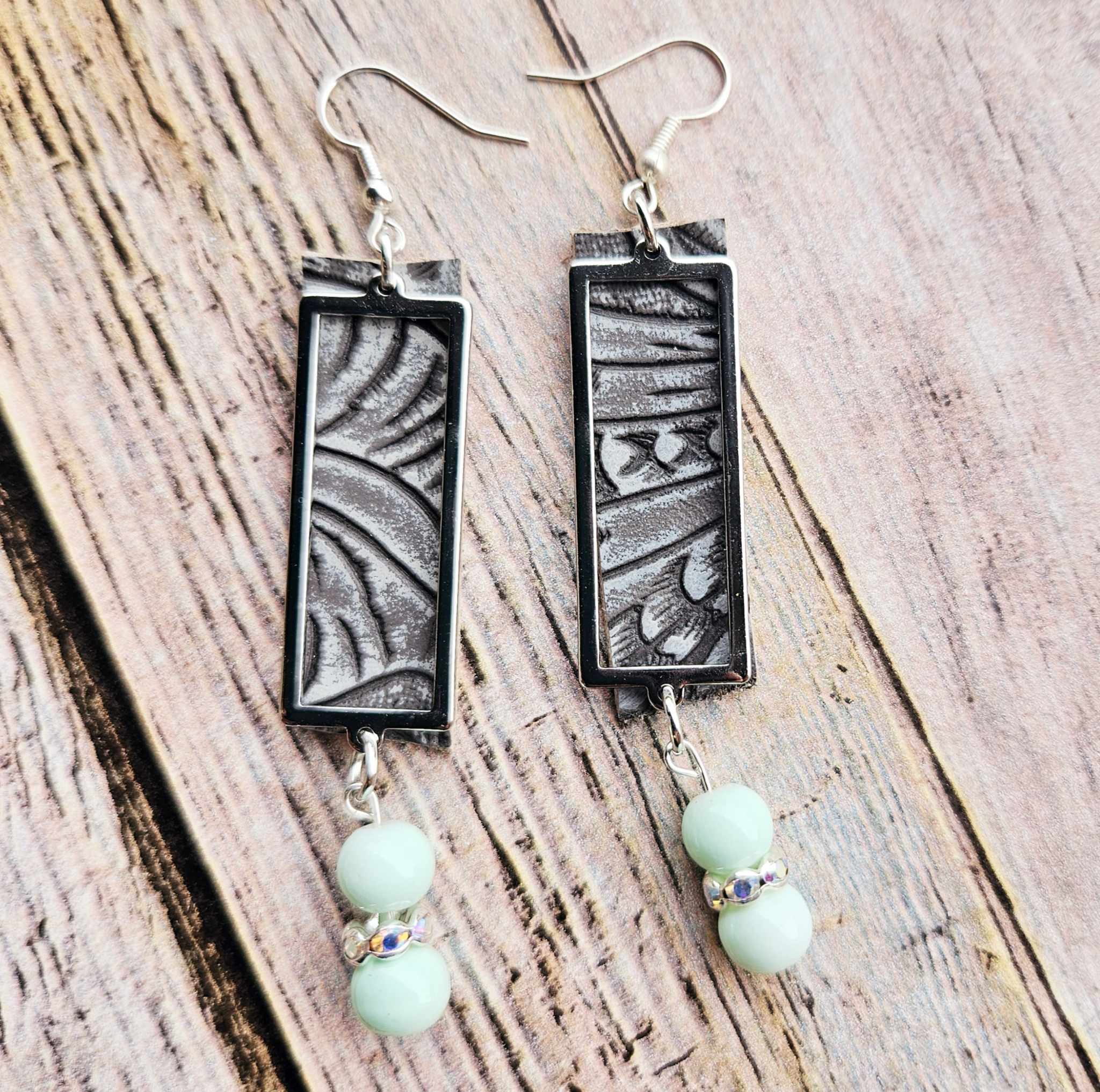 silver rectangle earrings, mint green beads, rhinestone spacer beads, grey leather jewelry, handmade jewelry 