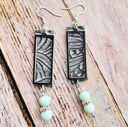 silver rectangle earrings, mint green beads, rhinestone spacer beads, grey leather jewelry, handmade jewelry 