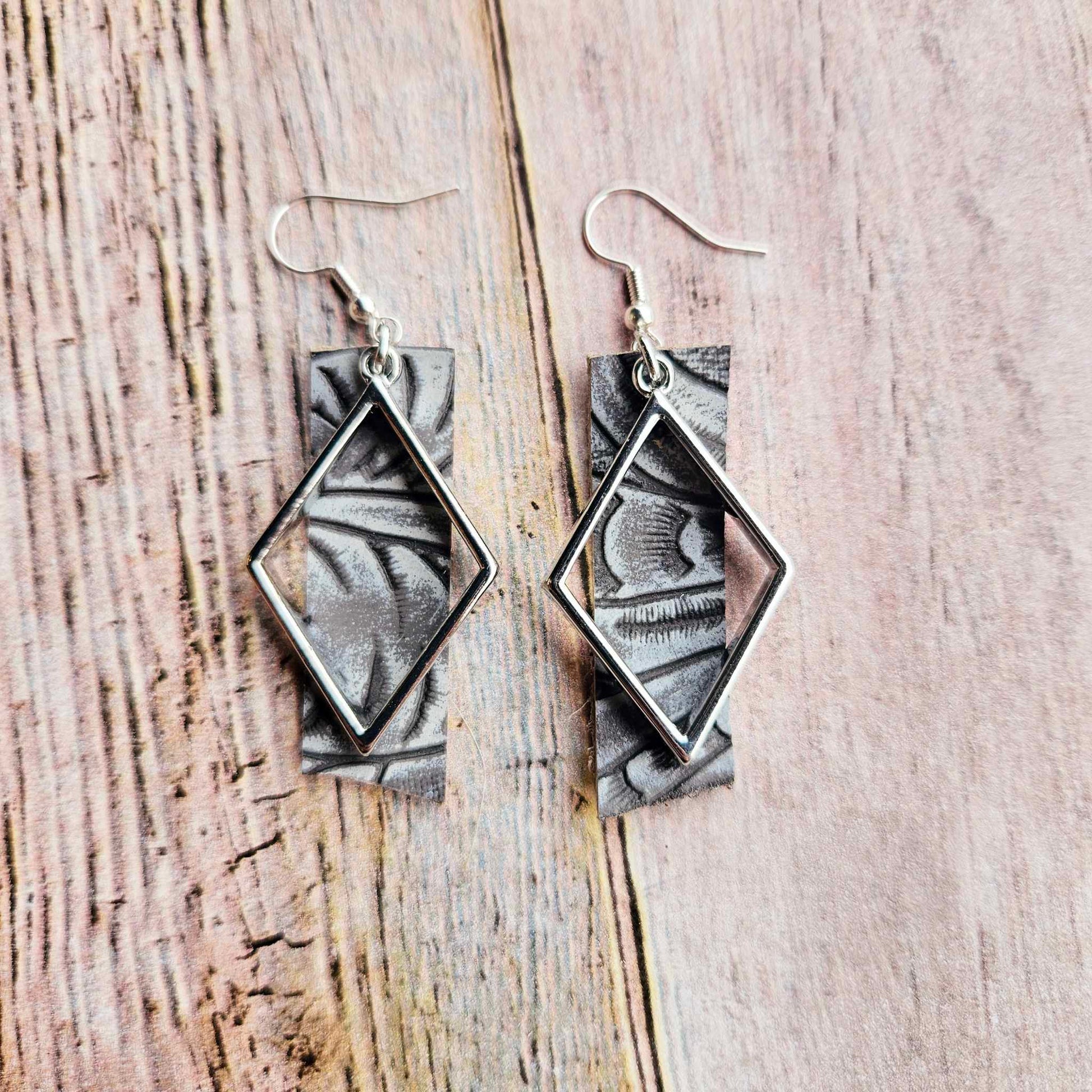 Silver diamond earrings, grey leather earrings, handmade jewelry 