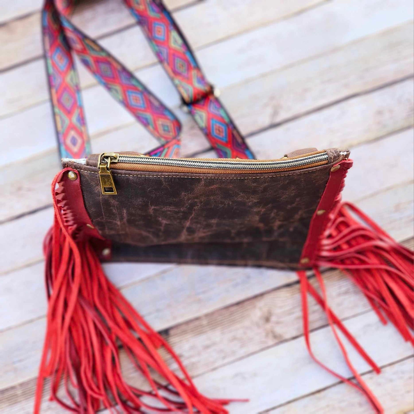 red fringe leather bag, fringe leather crossbody, crossbody bag, red fringe bag, leather fringe purse, brown leather bag