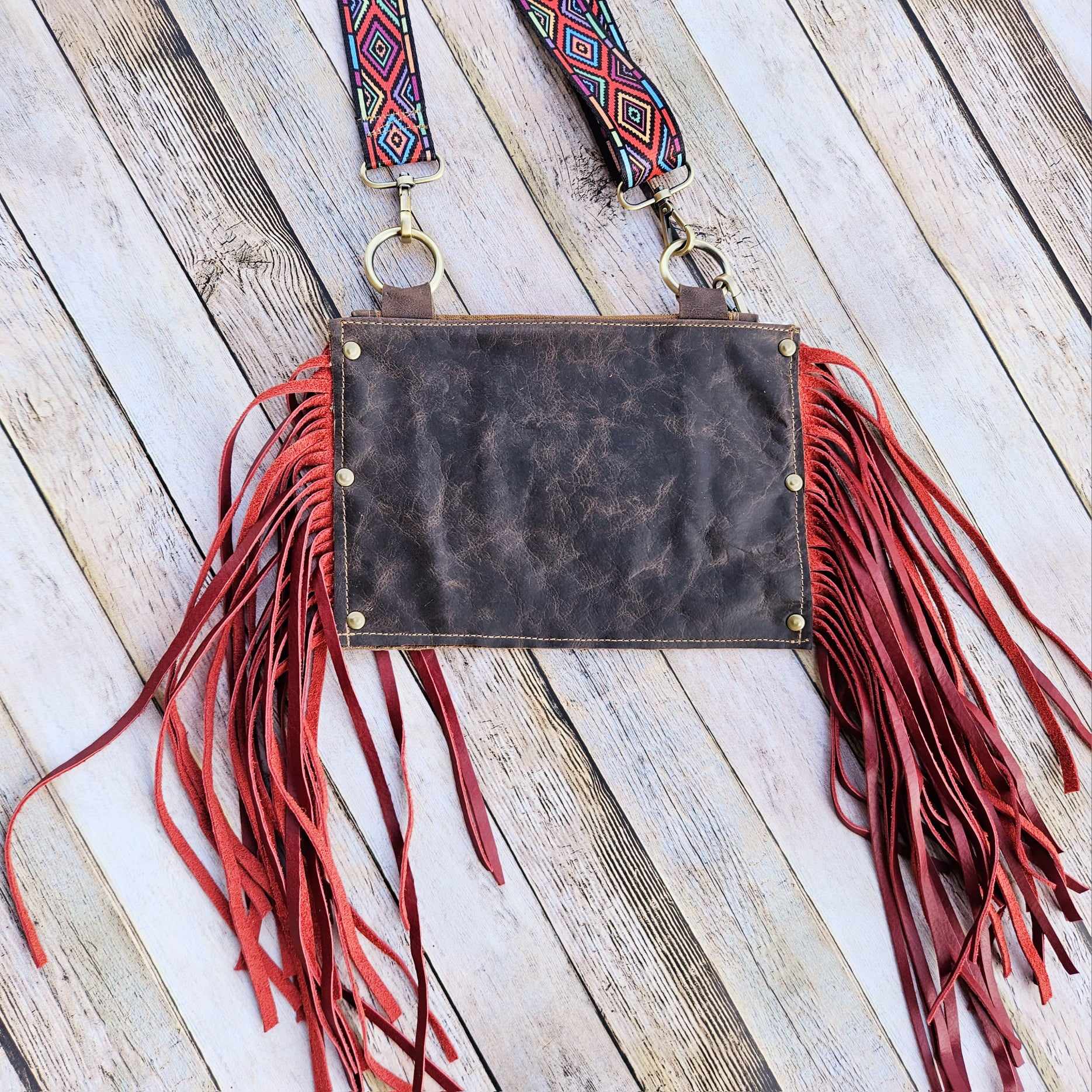 red fringe leather bag, fringe leather crossbody, crossbody bag, red fringe bag, leather fringe purse, brown leather bag