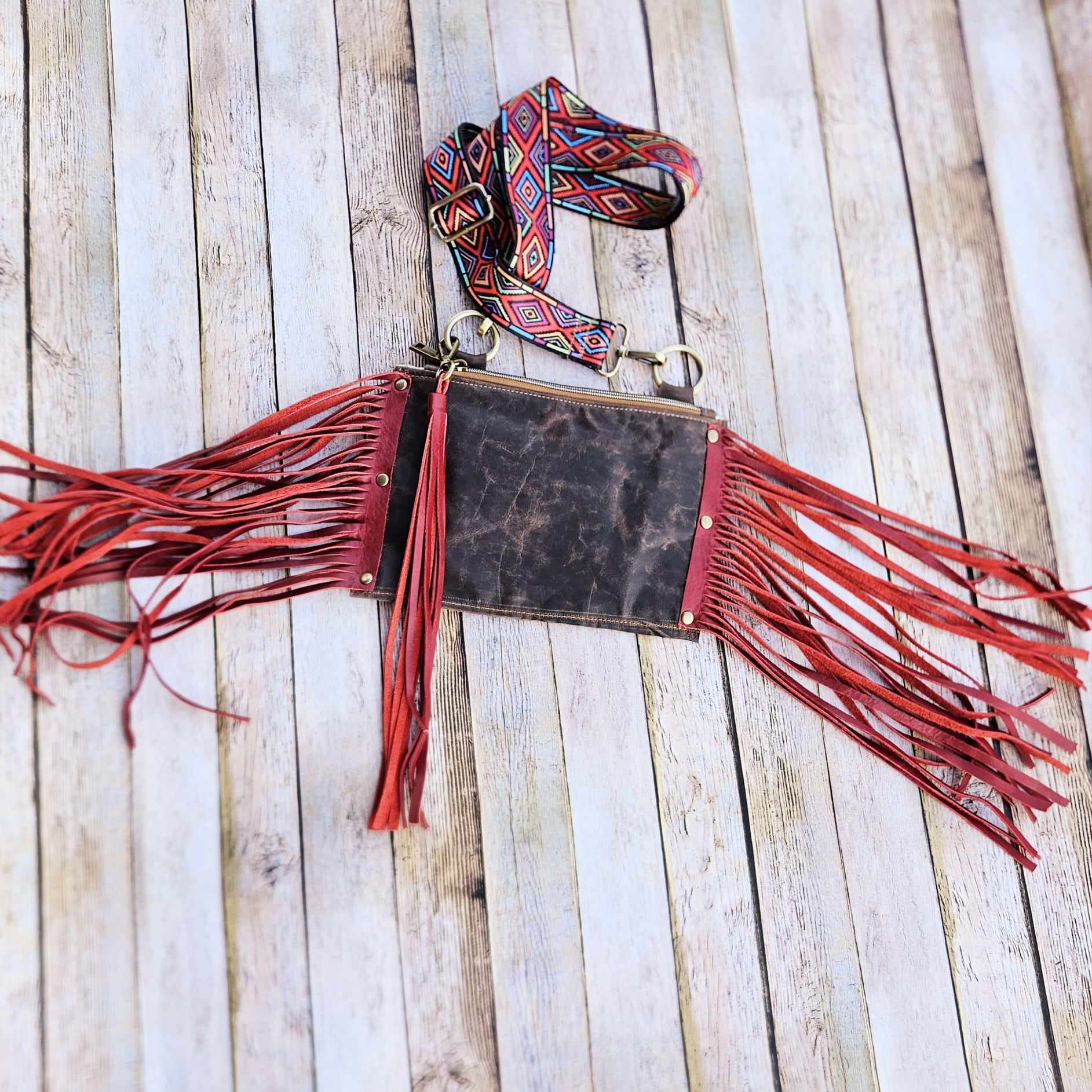 red fringe leather bag, fringe leather crossbody, crossbody bag, red fringe bag, leather fringe purse, brown leather bag