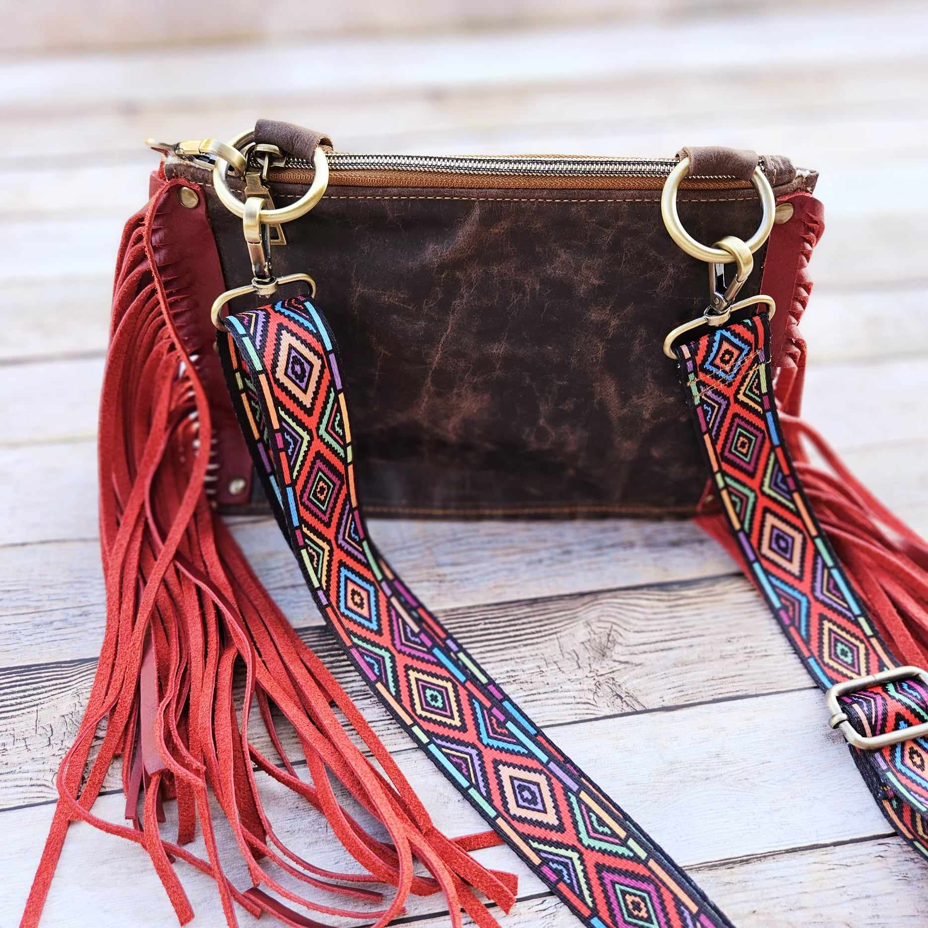 red fringe leather bag, fringe leather crossbody, crossbody bag, red fringe bag, leather fringe purse, brown leather bag