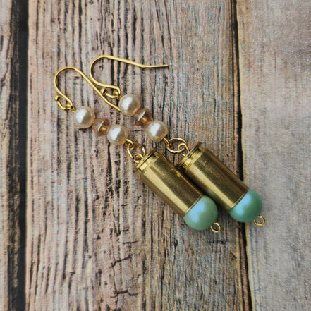 pearl ammo earrings, aqua pearl earrings, gold hook earrings