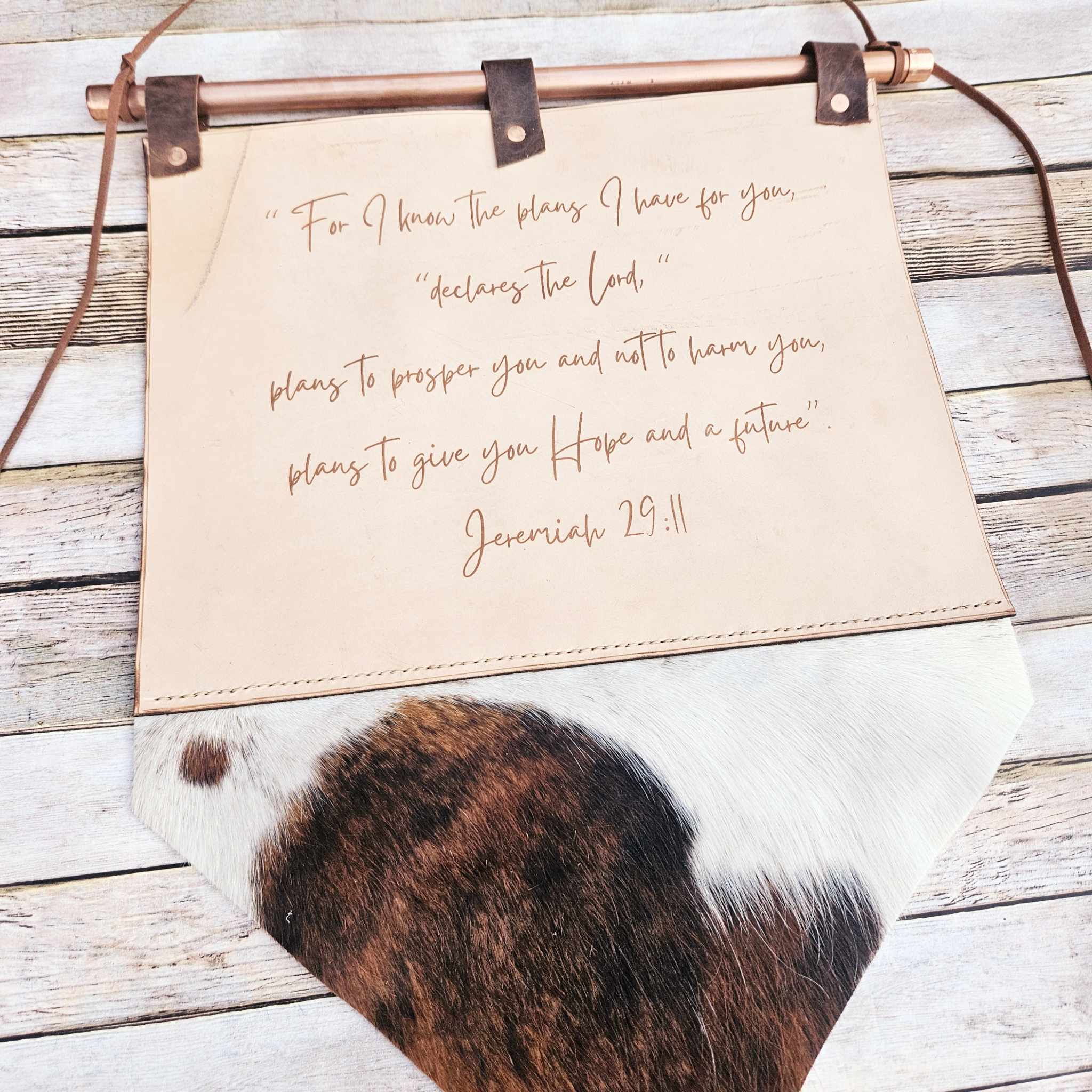laser burned scripture wall hanging, handmade leather hanging, scripture art