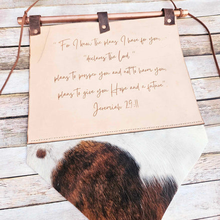 laser burned scripture wall hanging, handmade leather hanging, scripture art