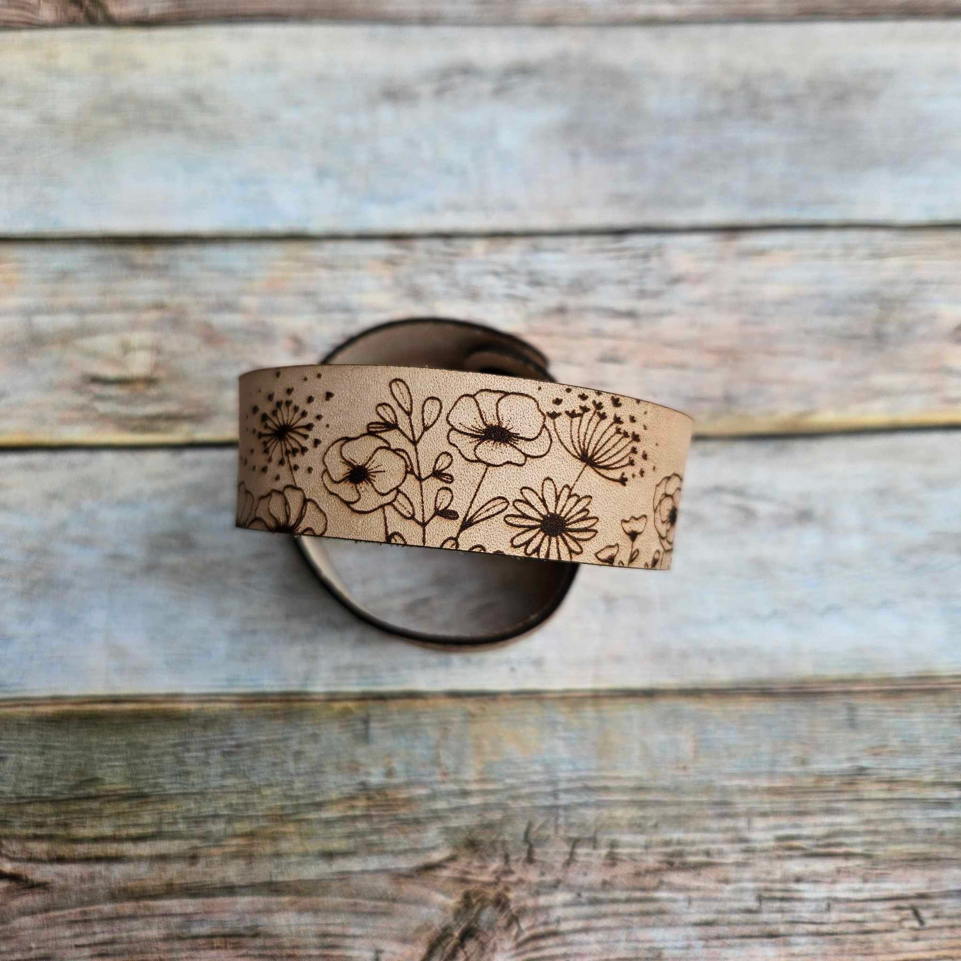 laser burned bracelet, floral burned bracelet, leather burned bracelet