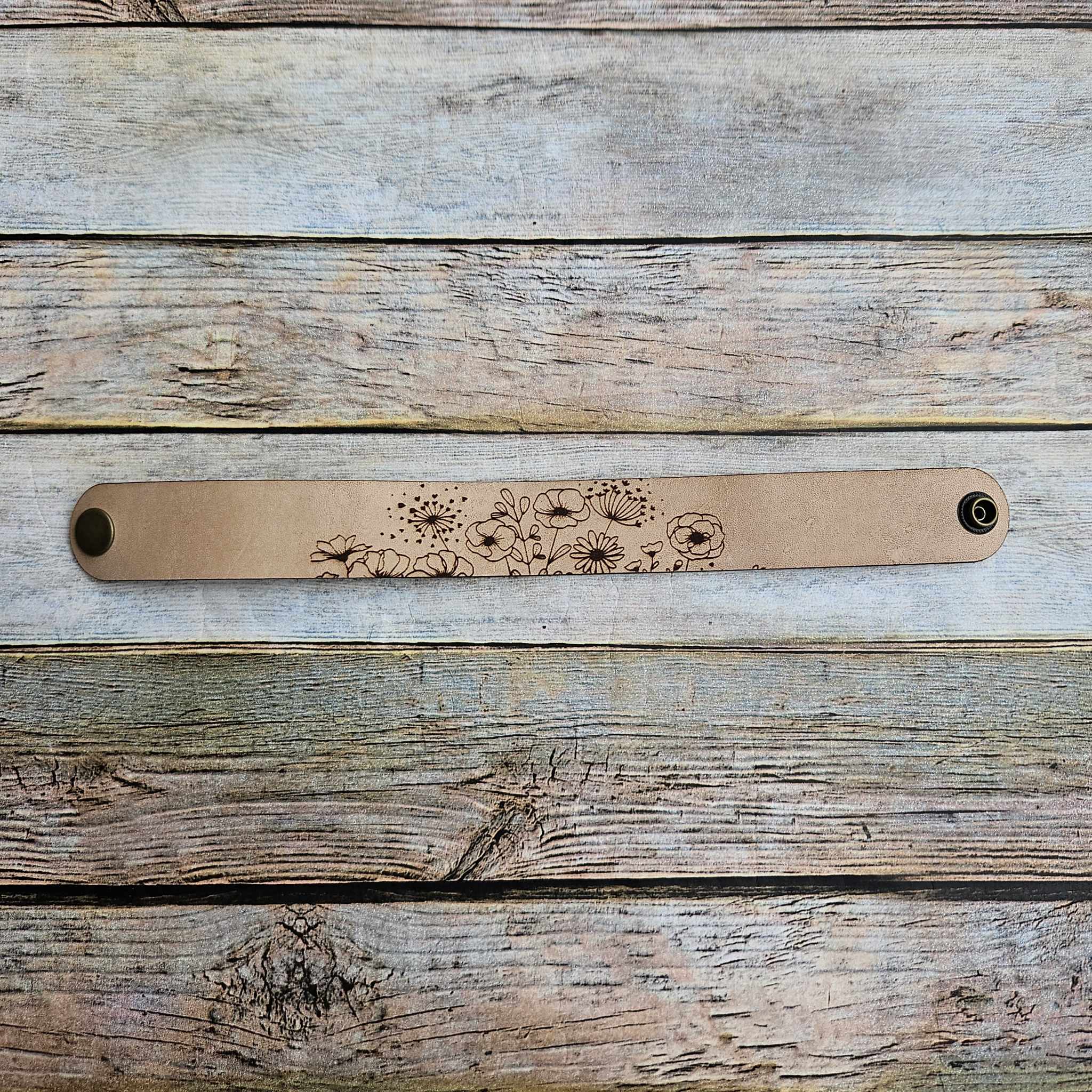 laser burned bracelet, floral burned bracelet, leather burned bracelet