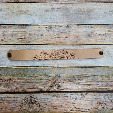 laser burned bracelet, floral burned bracelet, leather burned bracelet