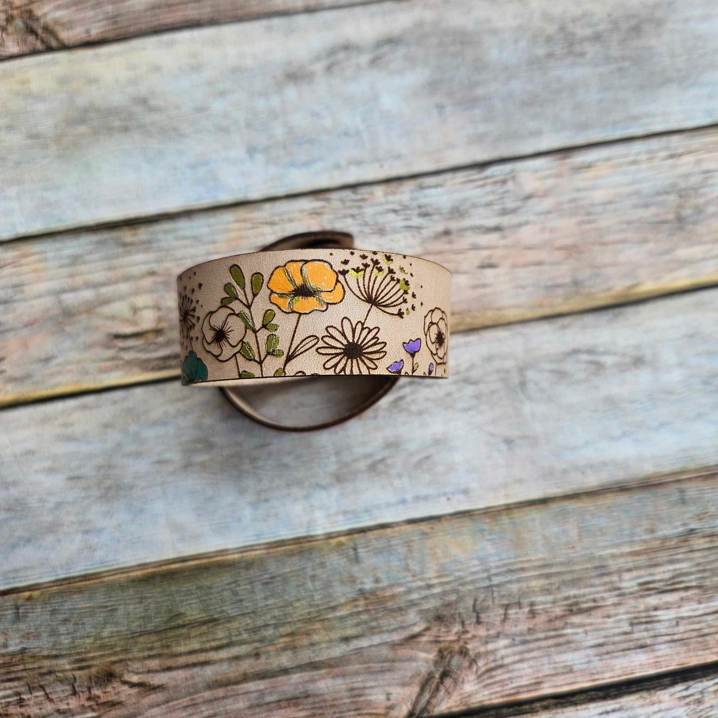 laser burned bracelet, floral burned bracelet, leather burned bracelet