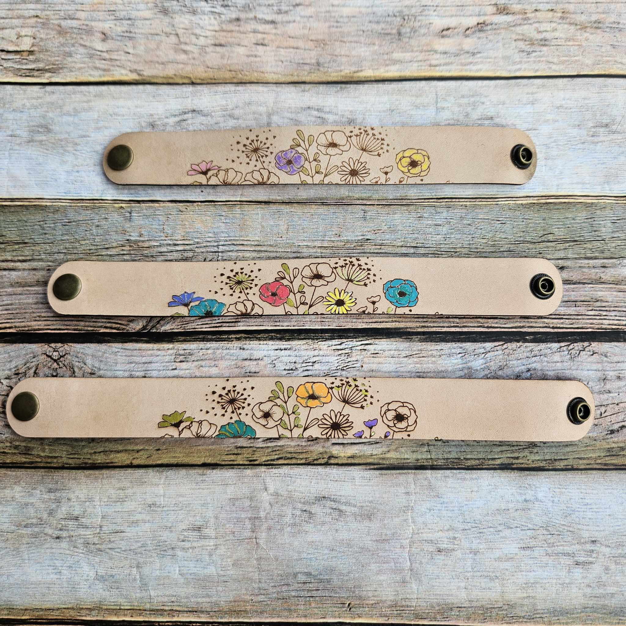 laser burned bracelet,  floral burned bracelet, leather burned bracelet 