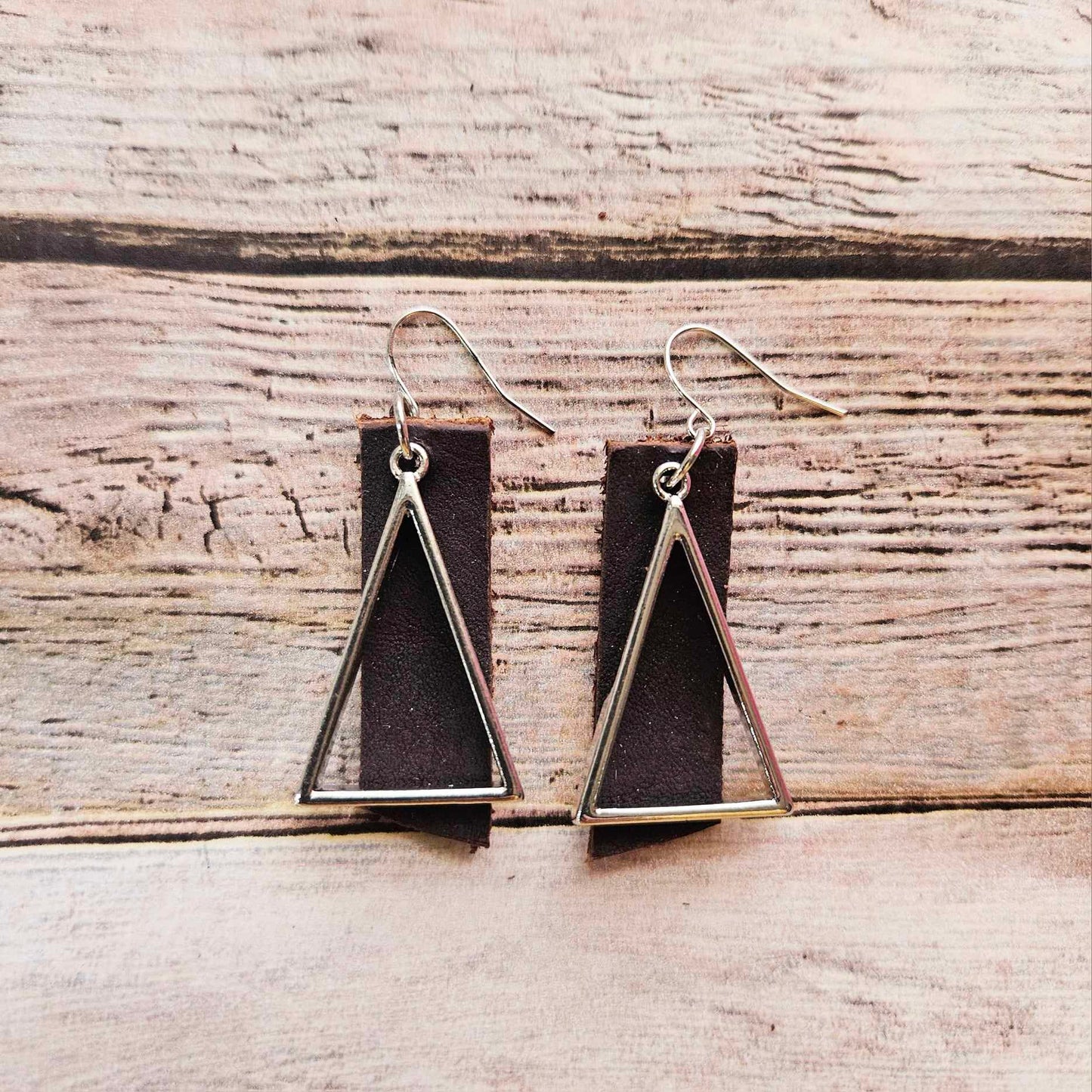 silver earrings, brown leather earrings, triangle shaped earrings, handmade jewelry 