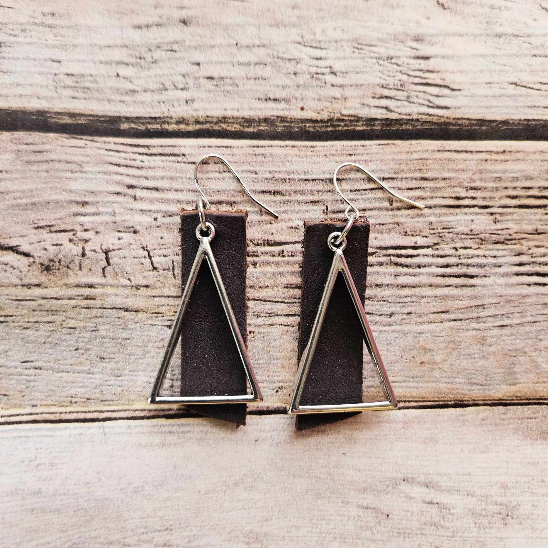 silver earrings, brown leather earrings, triangle shaped earrings, handmade jewelry 