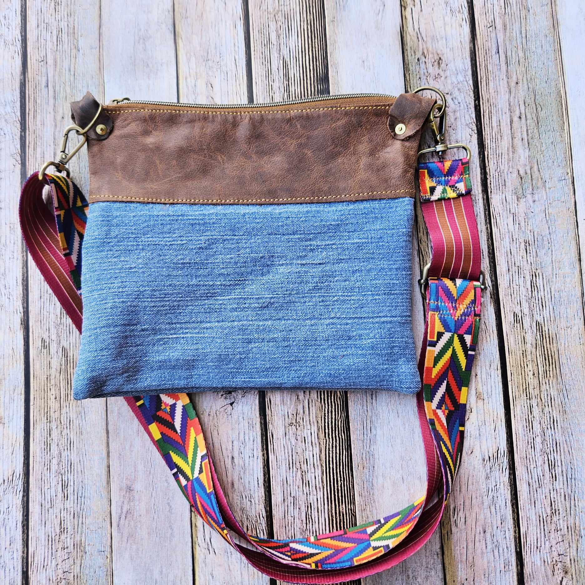 Crossbody bag, repurpose denim bag, leather crossbody, crossbody purse