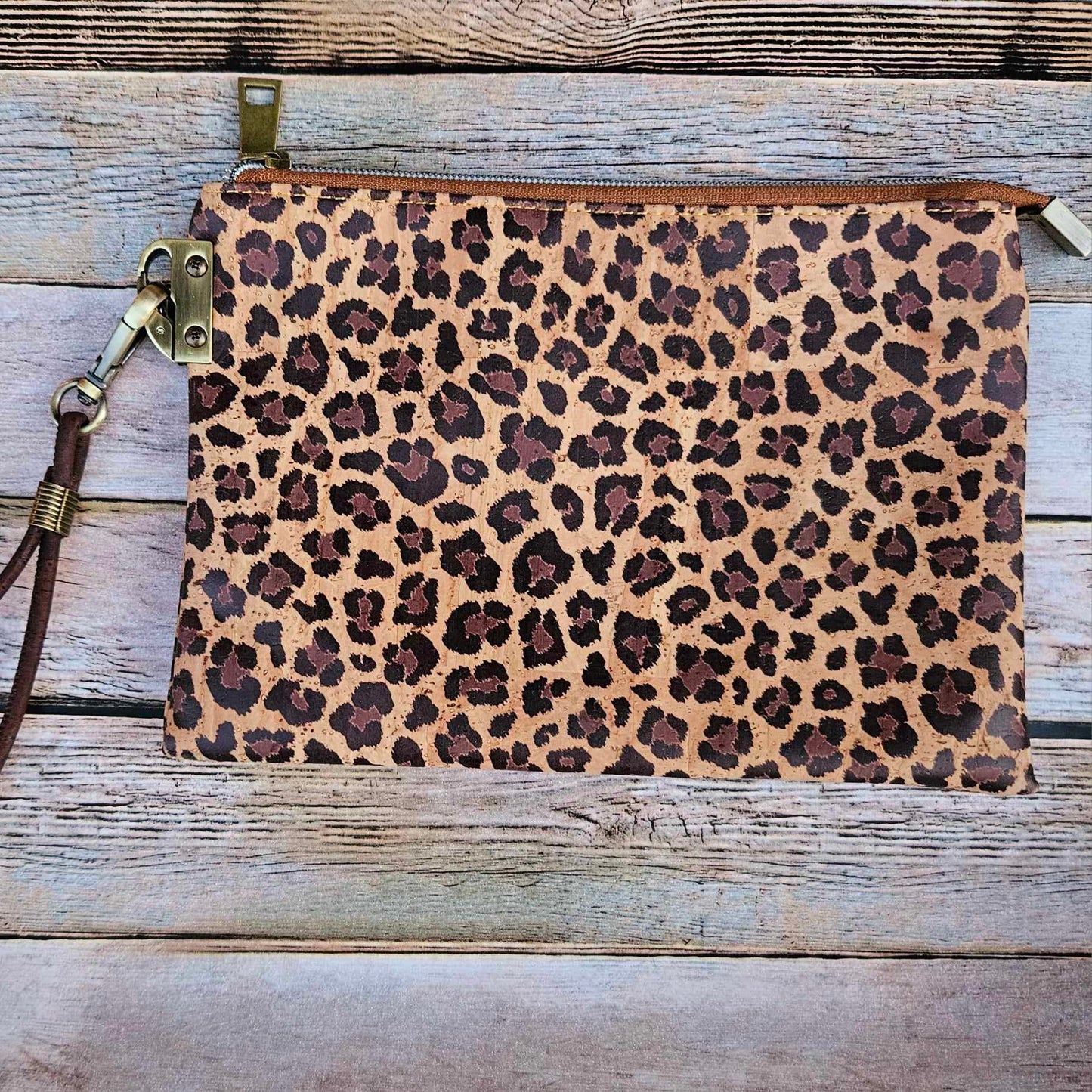 Oleta Belle Leopard Cork Clutch Wristlet