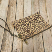 leopard print clutch, leopard print cork leather, wristlet, brown zipper with antique gold hardware, leopard print interior, handmade clutch