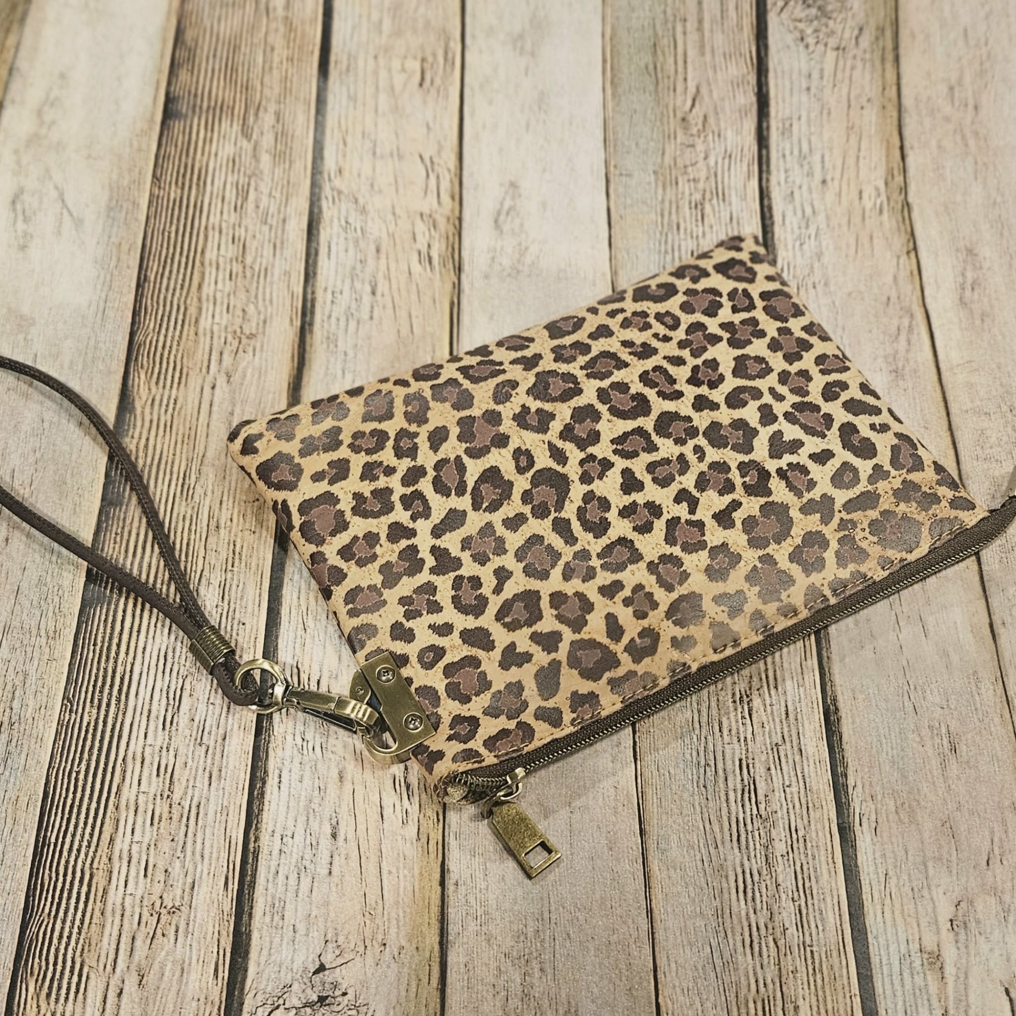 leopard print clutch, leopard print cork leather, wristlet, brown zipper with antique gold hardware, leopard print interior, handmade clutch
