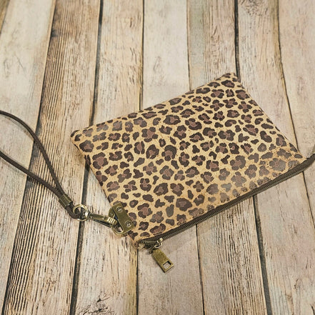 leopard print clutch, leopard print cork leather, wristlet, brown zipper with antique gold hardware, leopard print interior, handmade clutch