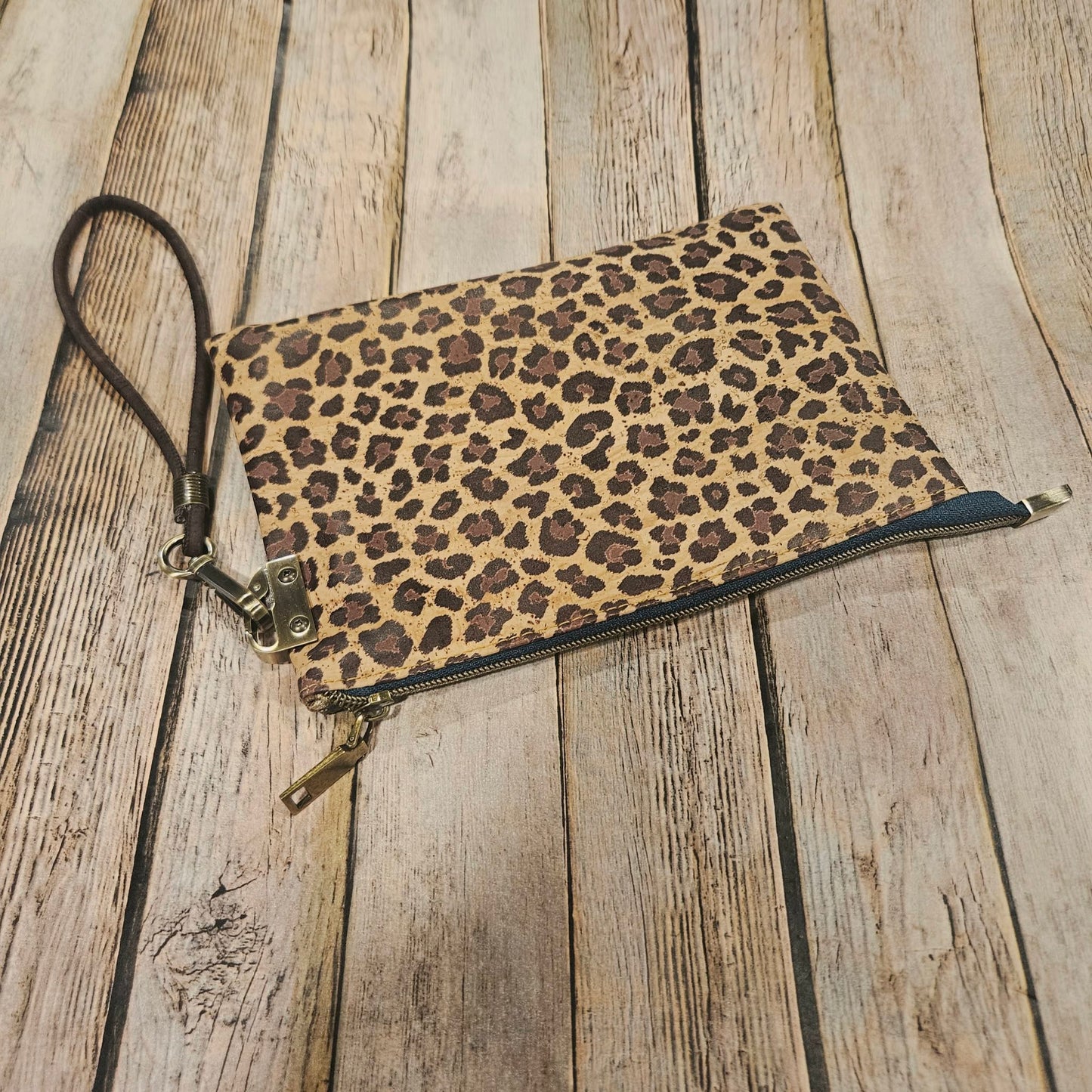 leopard print clutch, leopard print cork leather, wristlet, navy zipper with antique gold hardware, leopard print interior, handmade clutch