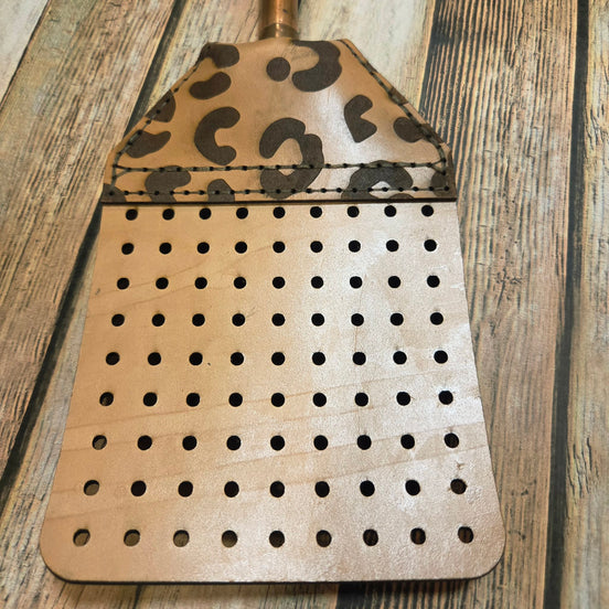 Handcrafted Leather Flyswatter with Leopard Burned Design and Copper Handle