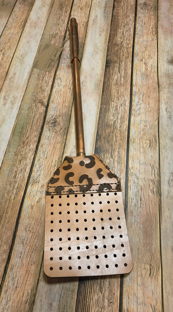 Handcrafted Leather Flyswatter with Leopard Burned Design and Copper Handle