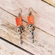burnt orange leather earrings, antique gold, leopard square leather charm, multicolored beads, handmade jewelry 