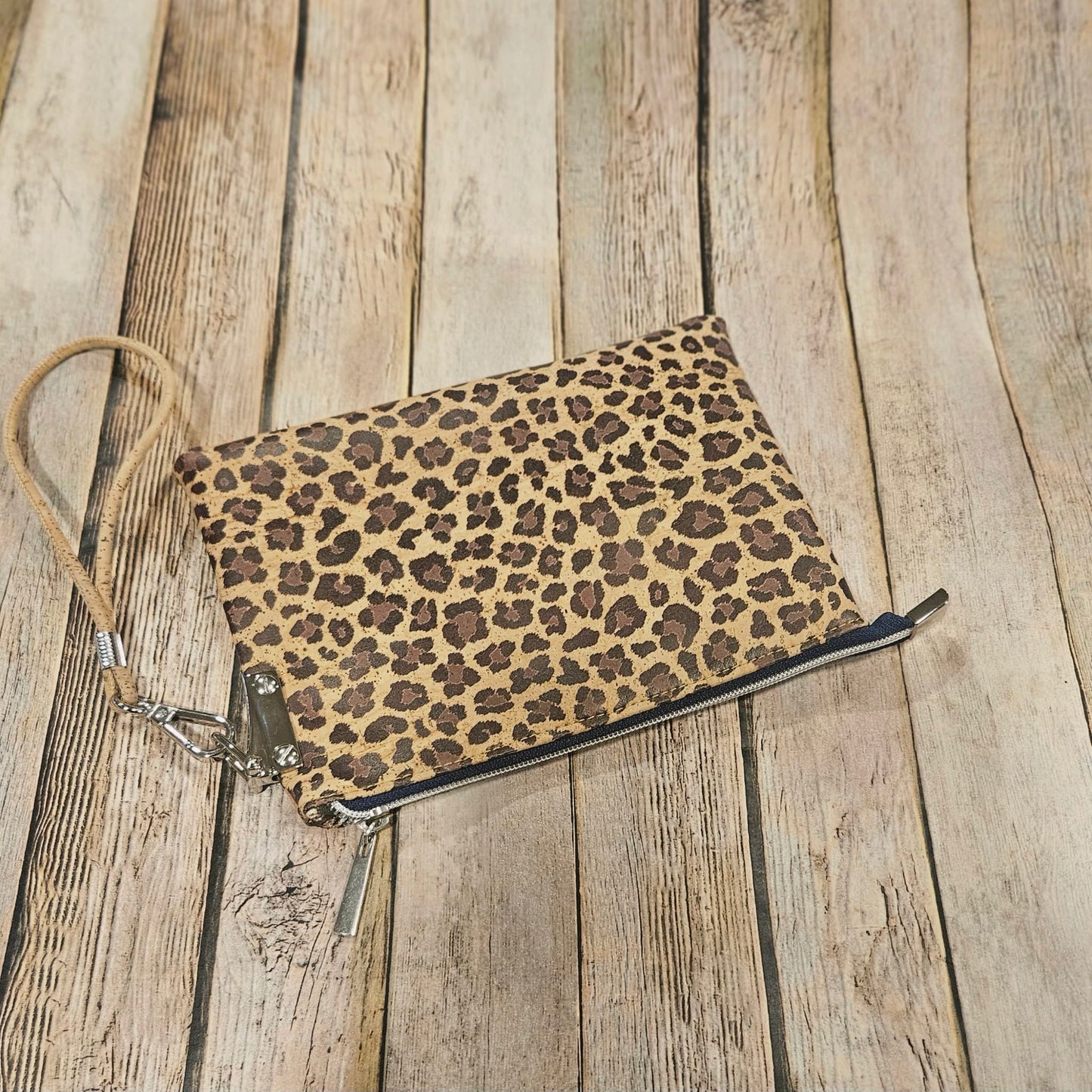leopard print clutch, leopard print cork leather, wristlet, navy zipper with silver hardware, leopard print interior, handmade clutch