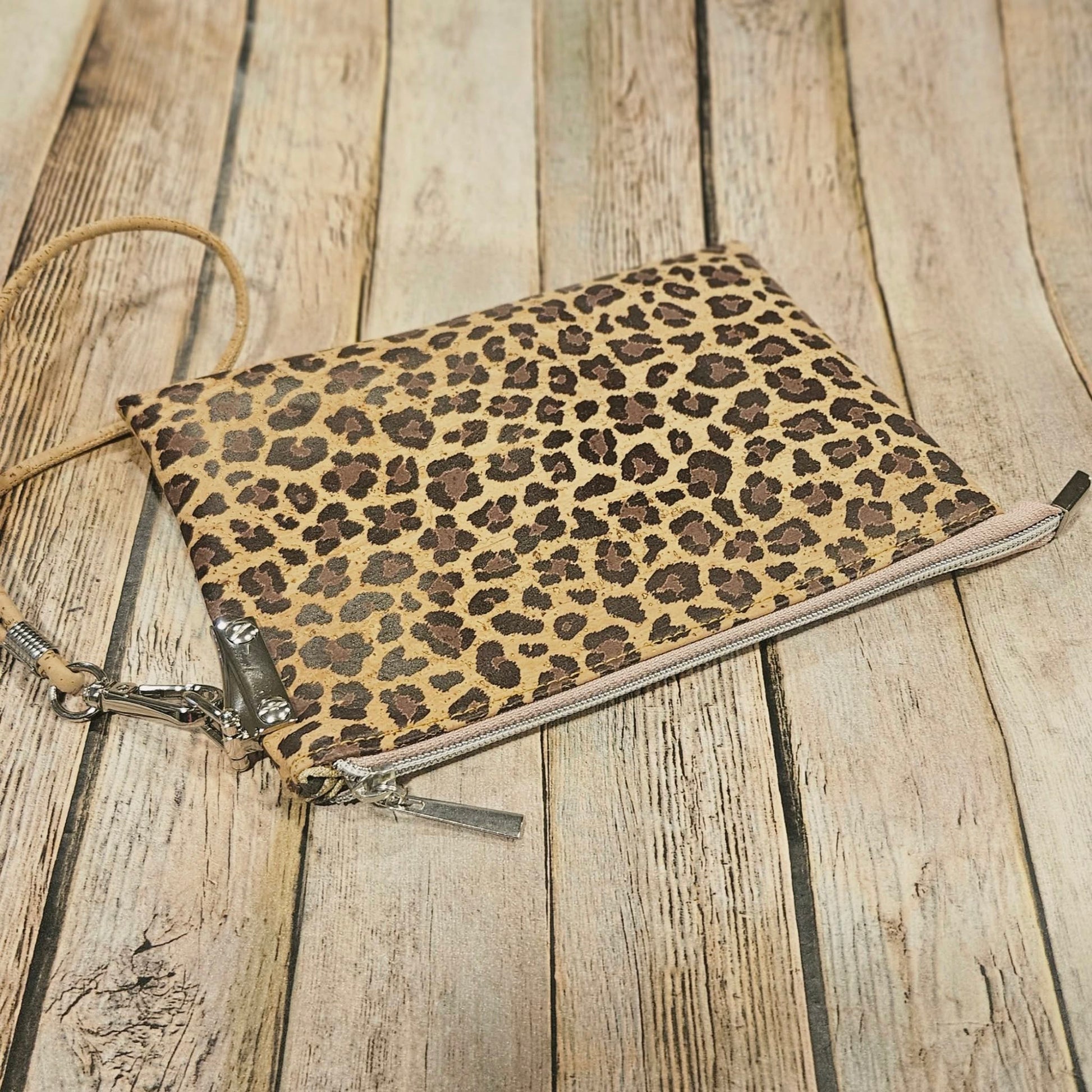leopard print clutch, leopard print cork leather, wristlet, pink zipper with silver hardware, leopard print interior, handmade clutch