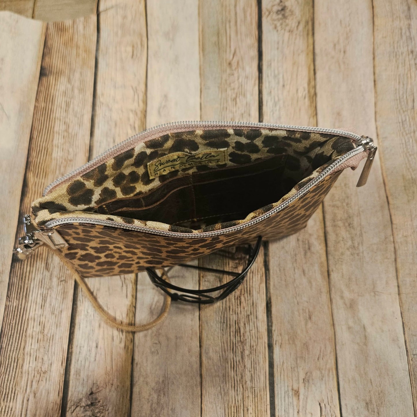 leopard print clutch, leopard print cork leather, wristlet, pink zipper with silver hardware, leopard print interior, handmade clutch