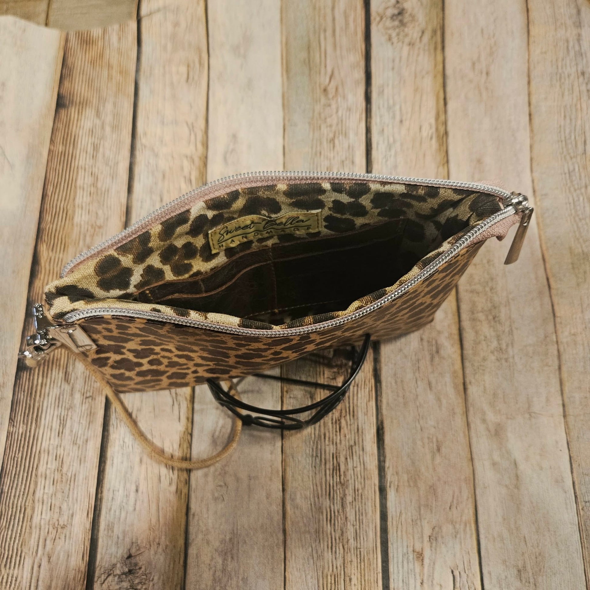 leopard print clutch, leopard print cork leather, wristlet, pink zipper with silver hardware, leopard print interior, handmade clutch