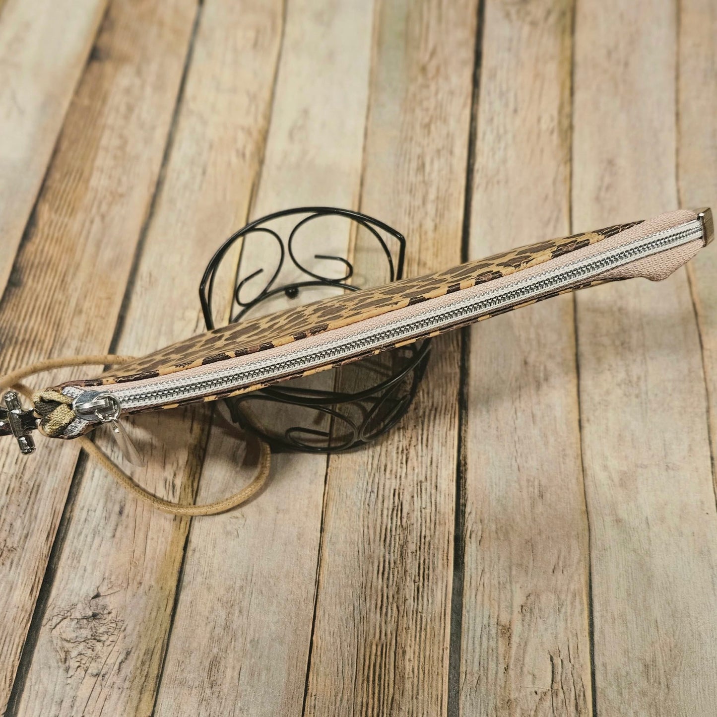 leopard print clutch, leopard print cork leather, wristlet, pink zipper with silver  hardware, leopard print interior, handmade clutch