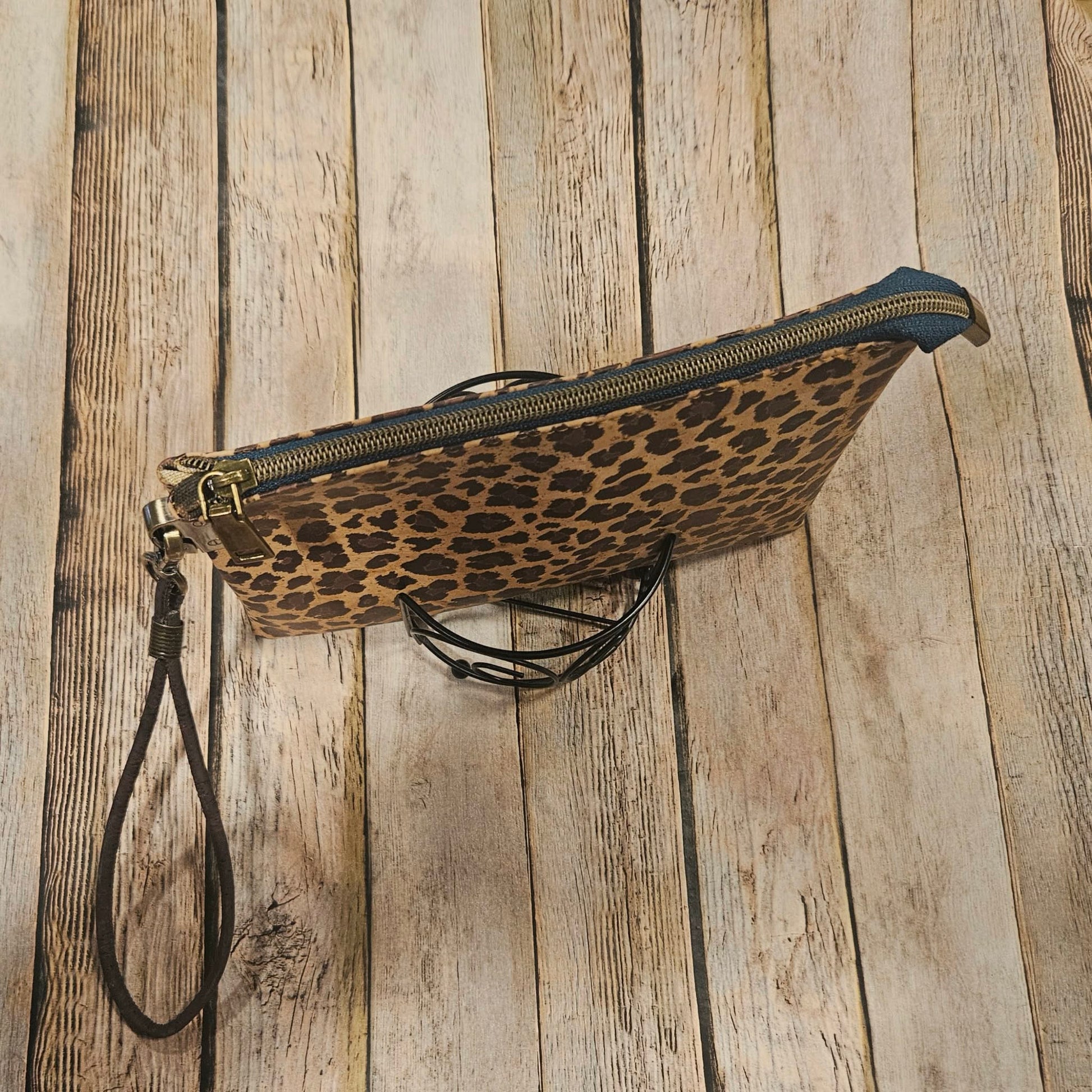 leopard print clutch, leopard print cork leather, wristlet, navy zipper with antique gold hardware, leopard print interior, handmade clutch