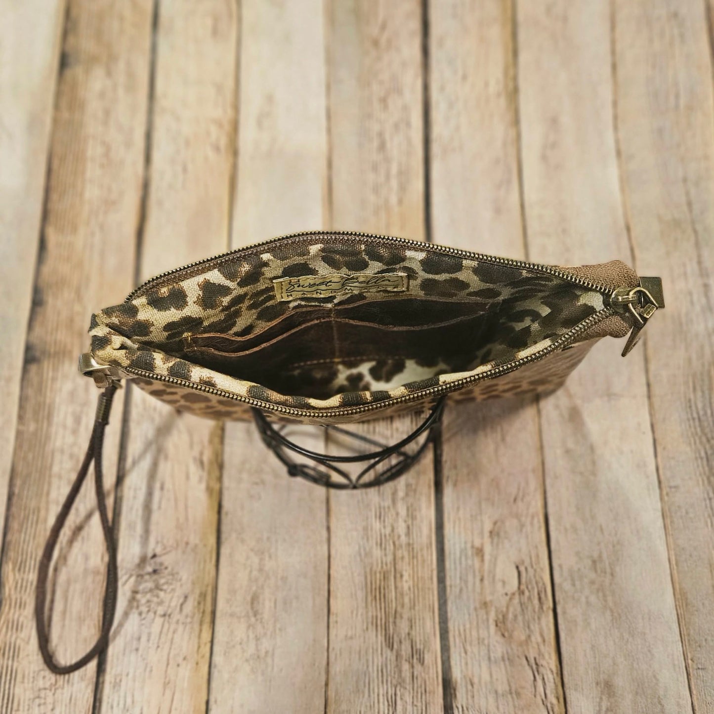 leopard print clutch, leopard print cork leather, wristlet, tan zipper with antique gold hardware, leopard print interior, handmade clutch