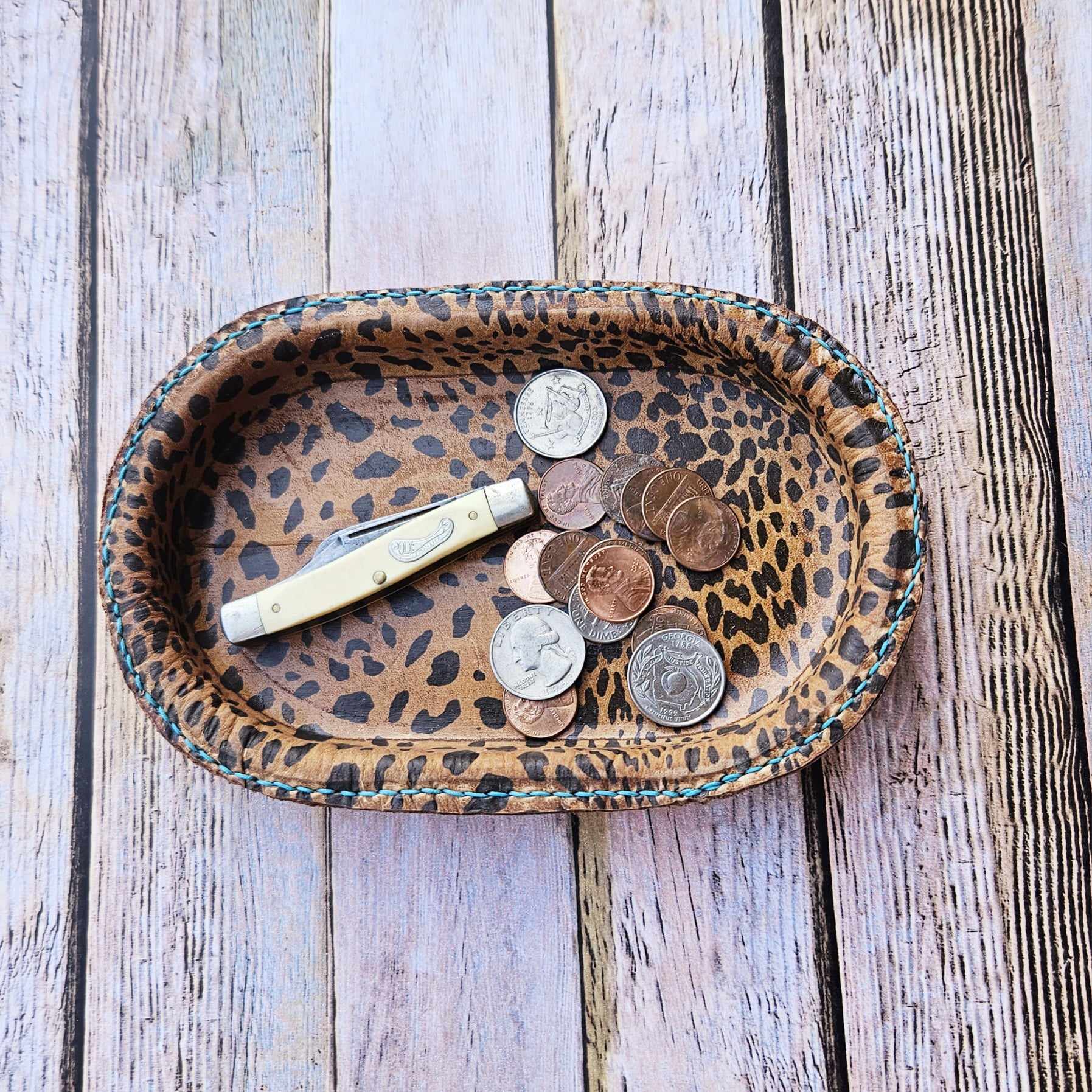 Small Oval Leopard Leather Valet Tray